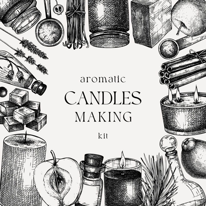 Hand sketched candle-making card design. Vintage candles, herbs, wax, fruits, spices, skewers hand drawings frame. Perfect square template for aromatherapy, hobby, handcrafts, candle making, package